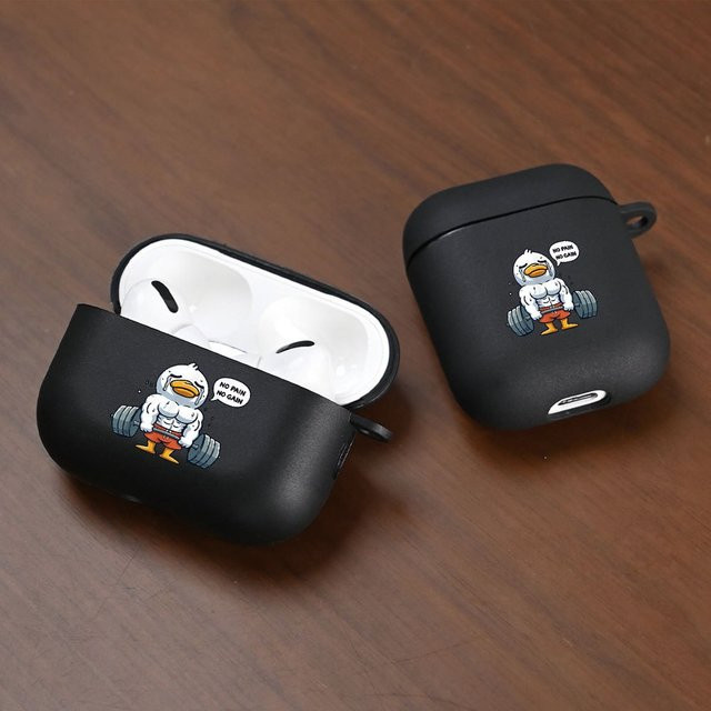 Fun Fitness Duck Weightlifting Pattern Schutzhülle für AirPods Pro, AirPods 2, AirPods 3 und AirPods 4 in Schwarz - Bild 1
