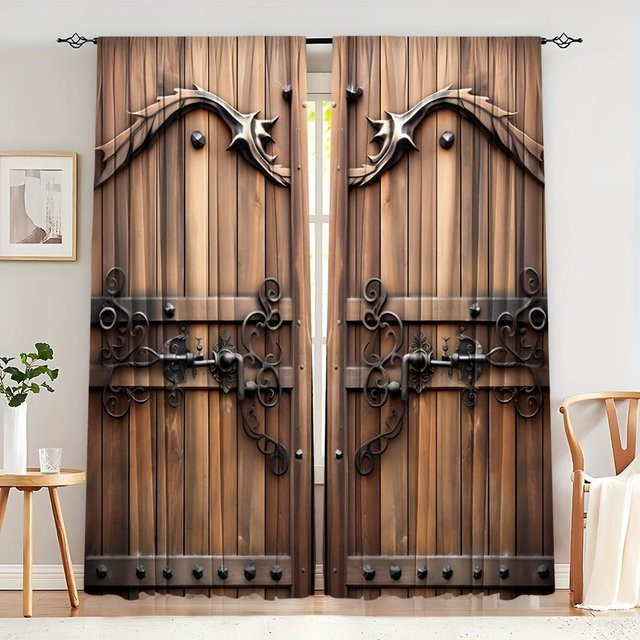 2er-Set dekorative Vorhänge von Yiran Furniture mit Holzturm-Muster in Braun, semi-transparent, Breite: 100 cm, Höhe: 130 cm - Bild 1