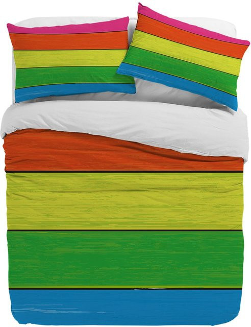 Binchi Fitness 3-teiliges Bettwäscheset mit Regenbogenfarben und Holzmaserung, Mikrofasern, B/H: 150 x 200 cm - Bild 1