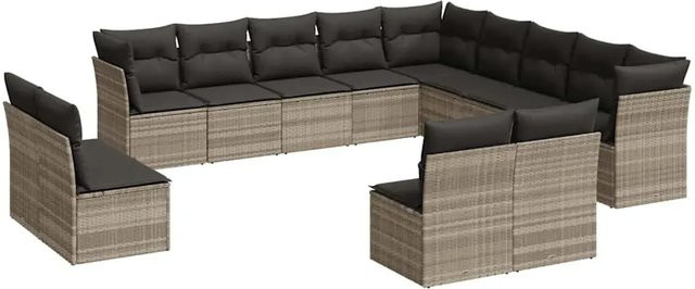 vidaXL 13-tlg. Garten-Sofagarnitur in L-Form mit Kissen, Hellgrau, Poly-Rattan und Metallgestell - Bild 1
