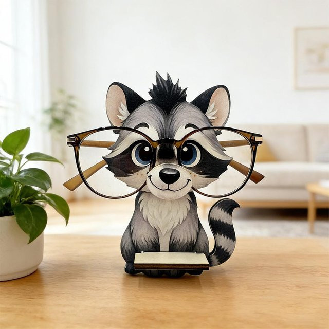 Binchi Outdoor Equipment Waschbär Brillenhalter aus Holz im Cartoon-Tierstil, bunte Schreibtisch-Dekoration für dein Zuhause oder Büro - Bild 1