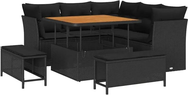vidaXL 8-teiliges Garten-Sofa-Set aus Polyrattan und Akazie in Schwarz mit Kissen und abnehmbaren Bezügen - Bild 1
