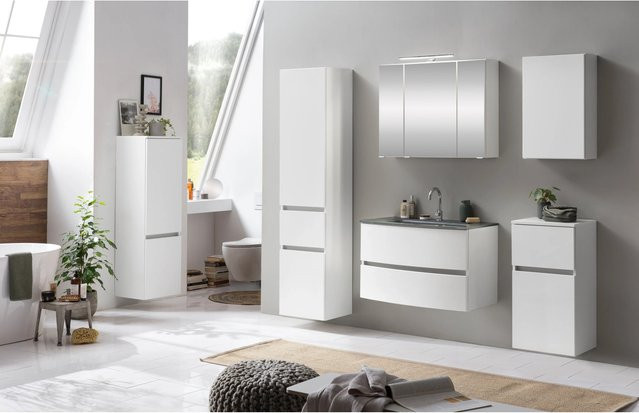 Held Möbel Waschtisch-Set Salerno 2-tlg. mit Spiegelschrank und Glasbecken, matt Weiß-Weiß, Breite: 80 cm, Höhe: 49 cm, Tiefe: 54 cm - Bild 1