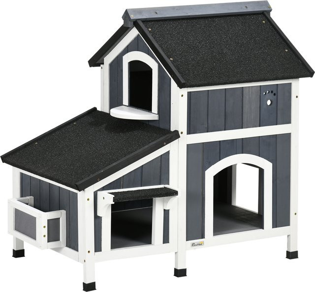 PawHut Katzenhaus aus grau lackiertem Tannenholz mit mehreren Eingängen und wetterfestem Asphaltdach, B/H/T: 65 x 96 x 85,5 cm - Bild 1
