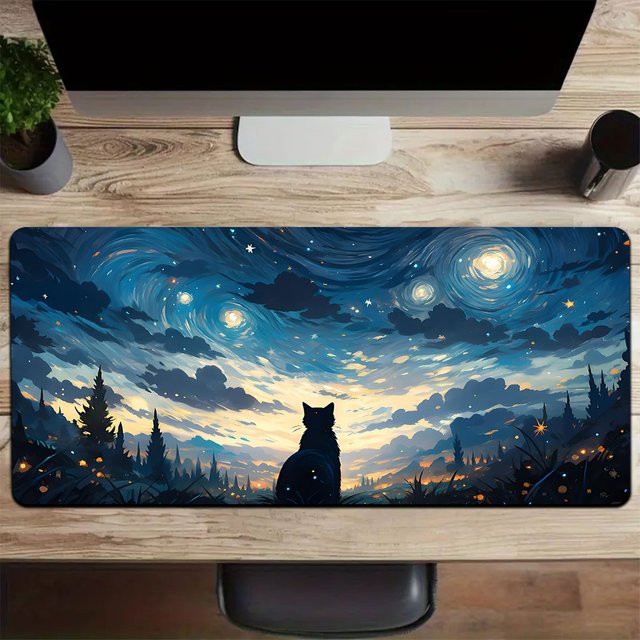 MINISO Gaming-Mauspad Sternenhimmel mit schwarzer Katze, wasserdicht und rutschfest, Schwarz - Bild 1
