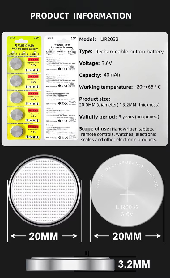 Wiederaufladbare LIR2032 Lithium-Knopfbatterie von koonenda, 3,6 V 40 mAh, Farbe: Silber - Bild 3