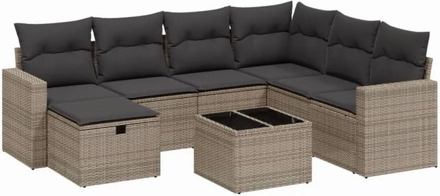 vidaXL 8-tlg. Garten-Sofagarnitur in L-Form aus Poly-Rattan mit Kissen und Ottoman, Grau - Bild 1