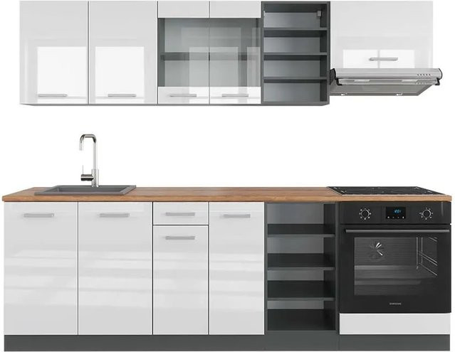 Vicco R-Line Küchenzeile modern in Weiß Hochglanz und Anthrazit mit Eiche Optik, Breite: 240 cm - Bild 1