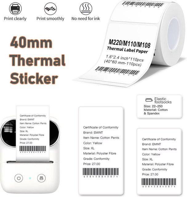 Phomemo Thermoetiketten Rollen, weiß, wasserfest und selbstklebend, bedruckbare Papier-Aufkleber für Barcodes und Preisetiketten, kompatibel mit Phomemo M220 und M110 - Bild 1