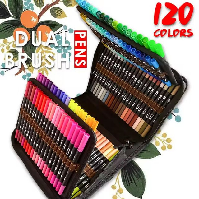 120 Farben Doppelspitzen-Marker-Set mit Pinsel- und Feinspitze, wasserbasierte Stifte in Multicolour für Malbücher, Zeichnen und Lettering - Bild 1