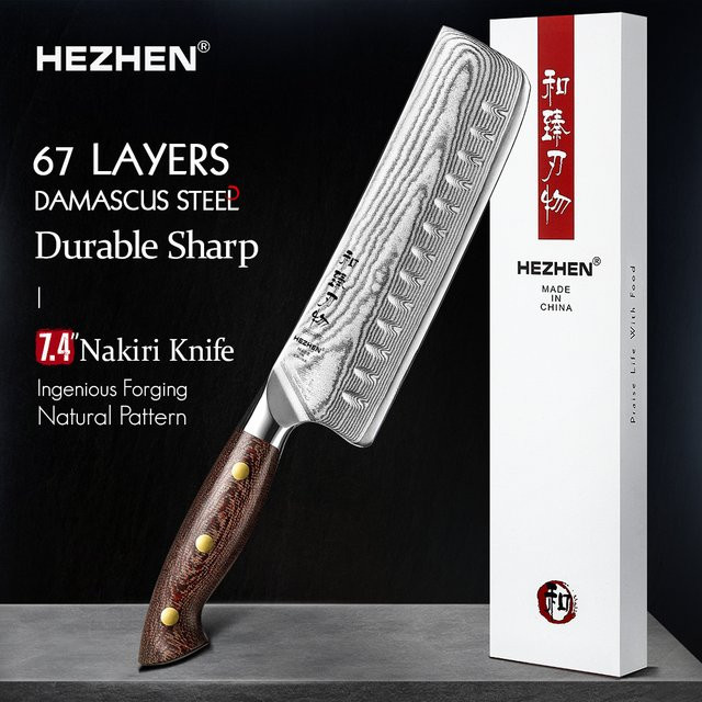 HEZHEN Nakiri-Messer aus 67-lagigem Damaststahl mit Micarta-Griff, 18,8 cm - Bild 1