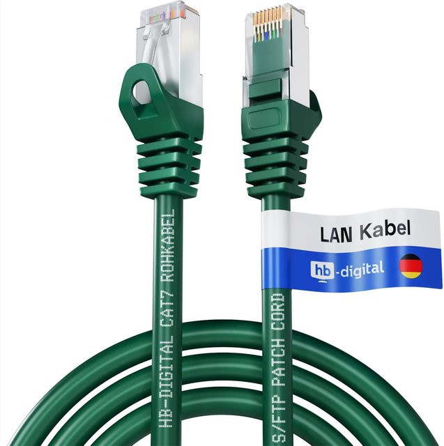 hb-digital CAT 7 Patchkabel RJ45 S/FTP PiMF LSZH AWG 26 Ethernet LAN Rohkabel Grün, Länge: 1 m - Bild 1