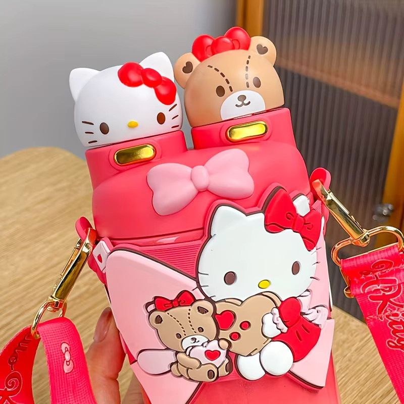 Sanrio Hello Kitty Edelstahl-Isolierbecher mit zwei Trinkmöglichkeiten, 550 ml, Rot und Pink - Bild 2