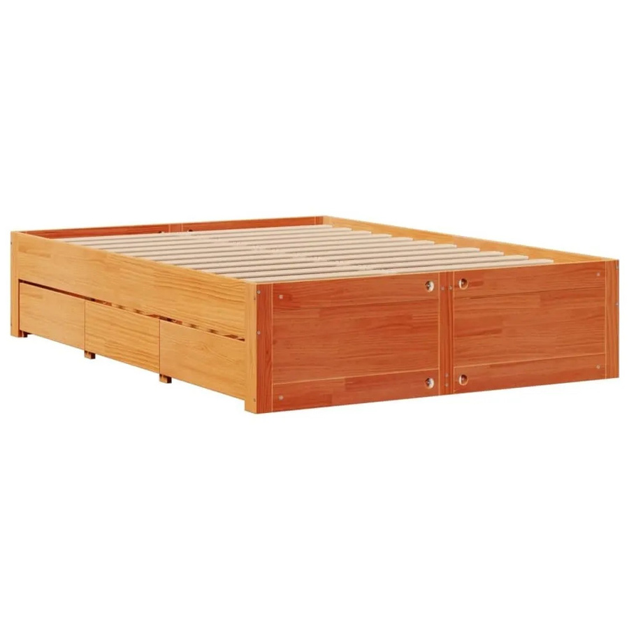 vidaXL Massivholzbett aus Kiefernholz mit Schubladen in Braun, Rustikal und Gewachst, B/T/H: 140 x 190 x 41 cm - Bild 2