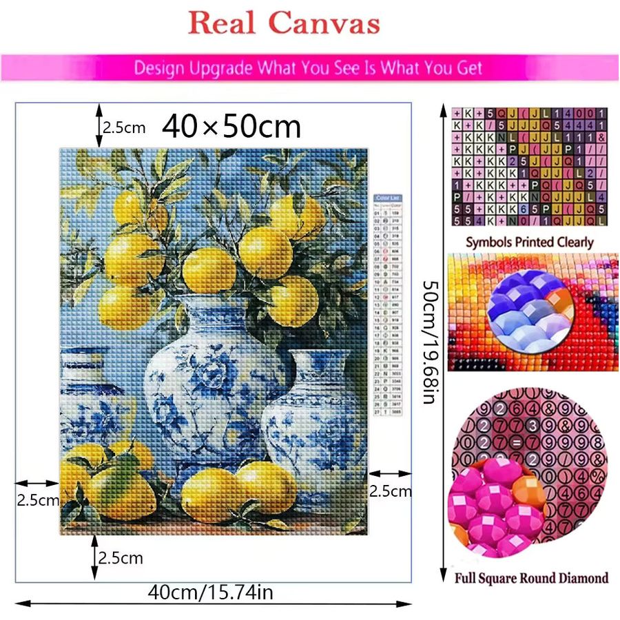 FANQING Diamond Painting Set mit Zitronen und Granatapfel in einer Vase, Mosaik Stickerei Kit für die Wanddekoration in Mehrfarbig - Bild 3