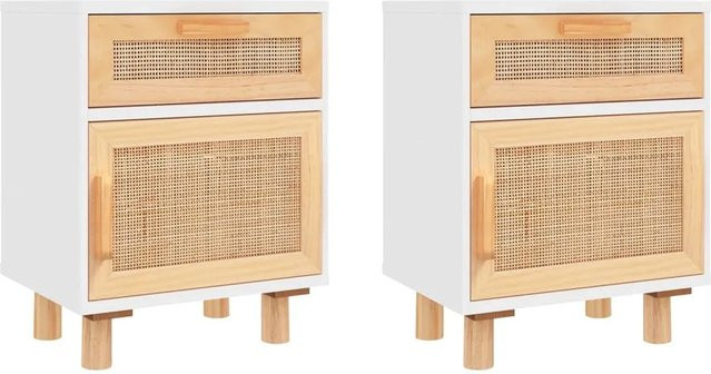 vidaXL Nachttische 2er Set aus massivem Kiefernholz und Natur-Rattan in Weiß, skandinavisches Design für dein Schlafzimmer - Bild 1