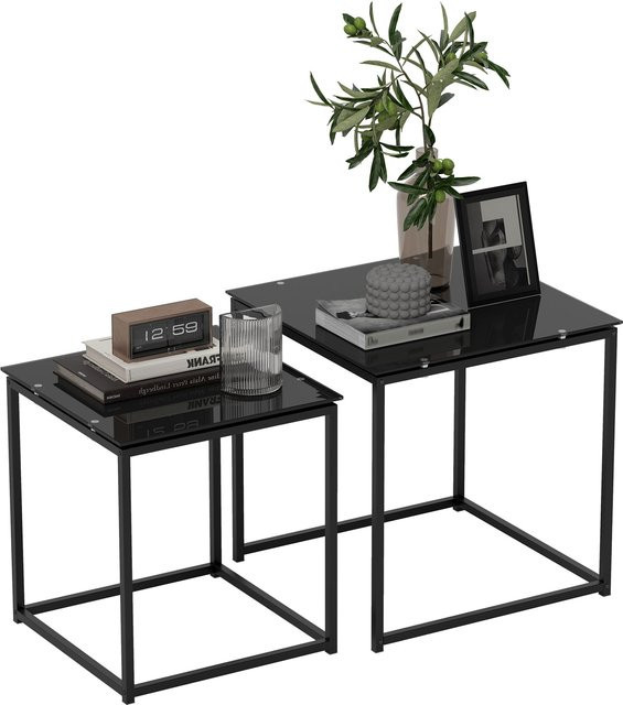 HOMCOM Beistelltisch 2er-Set modern mit Glastischplatte aus Glas und Stahl in Schwarz - Bild 1