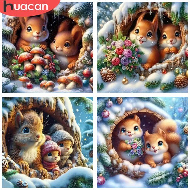 HUACAN Diamantmalerei Set mit niedlichem Winter-Eichhörnchen, 5D DIY Diamant-Stickerei, Vollflächiges Mosaik-Bild in Multicolor, B/H: 20 x 20 cm - Bild 1