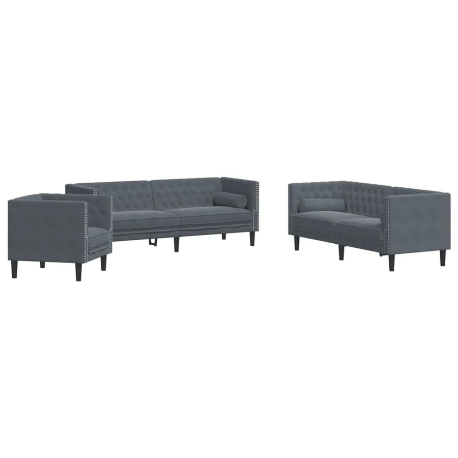 vidaXL 3-teiliges Chesterfield-Sofa-Set aus Samt in Grau mit Nackenrollen - Bild 2