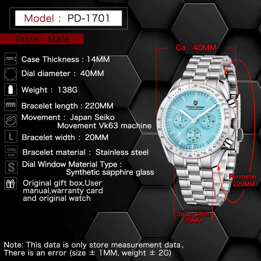 PAGANI DESIGN Chronograph, Quarz, Edelstahl, Blau, Herren - Bild 5