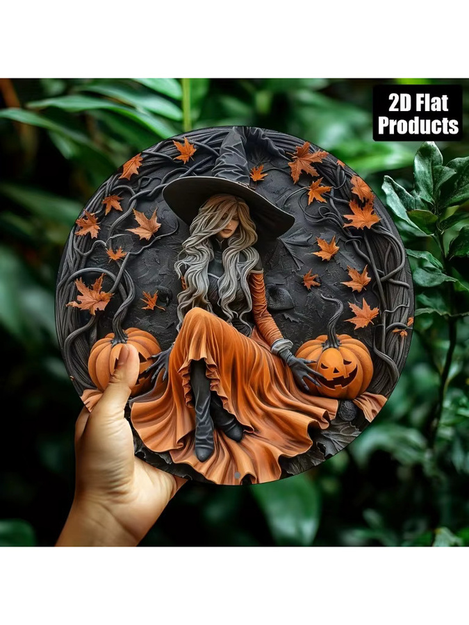 Potdemiel Vintage Wandkunst Halloween Hexenmuster aus Metall, rundes Schild in Schwarz und Multicolour, Durchmesser: 20,32 cm - Bild 5