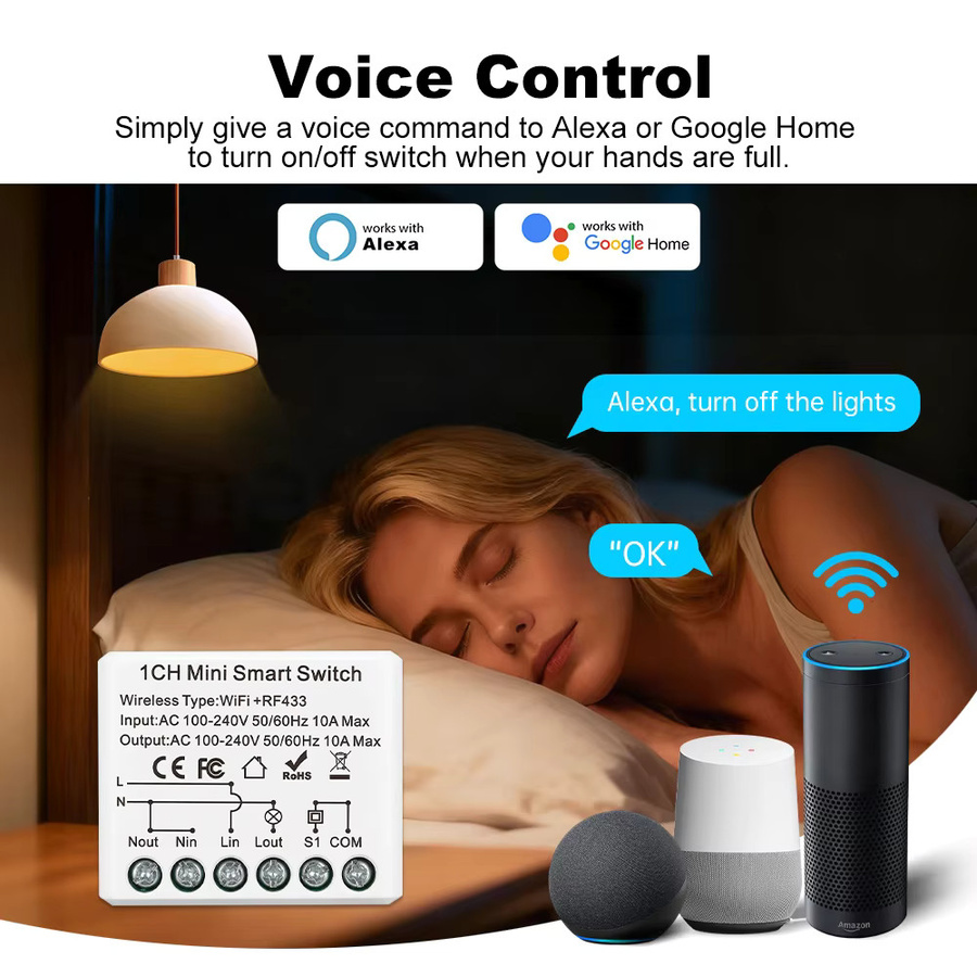 MANHOT Smart Switch Mini DIY Schaltmodul mit WiFi und RF433, 2-Wege Smart Relais zur Automatisierung, kompatibel mit Tuya und Google Home, Weiß - Bild 4