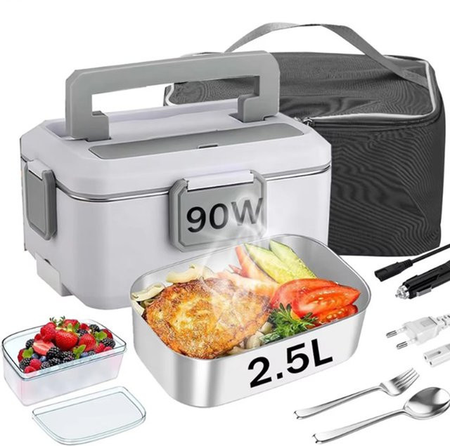OWJHE Elektrische Heiz-Lunchbox mit Edelstahl-Inneneinsatz, tragbarer Speisenwärmer und Bento-Box in Weiß, 2,5/1,5 l - Bild 1