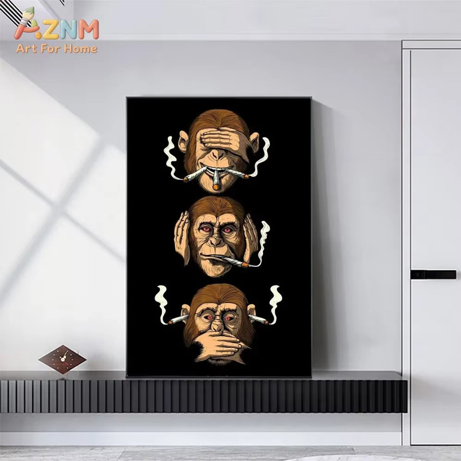 AZNM Wandkunst Leinwand Drei weise rauchende Affen Motiv mit Tierdruck in Mehrfarbig für dein Wohnzimmer und Schlafzimmer - Bild 4