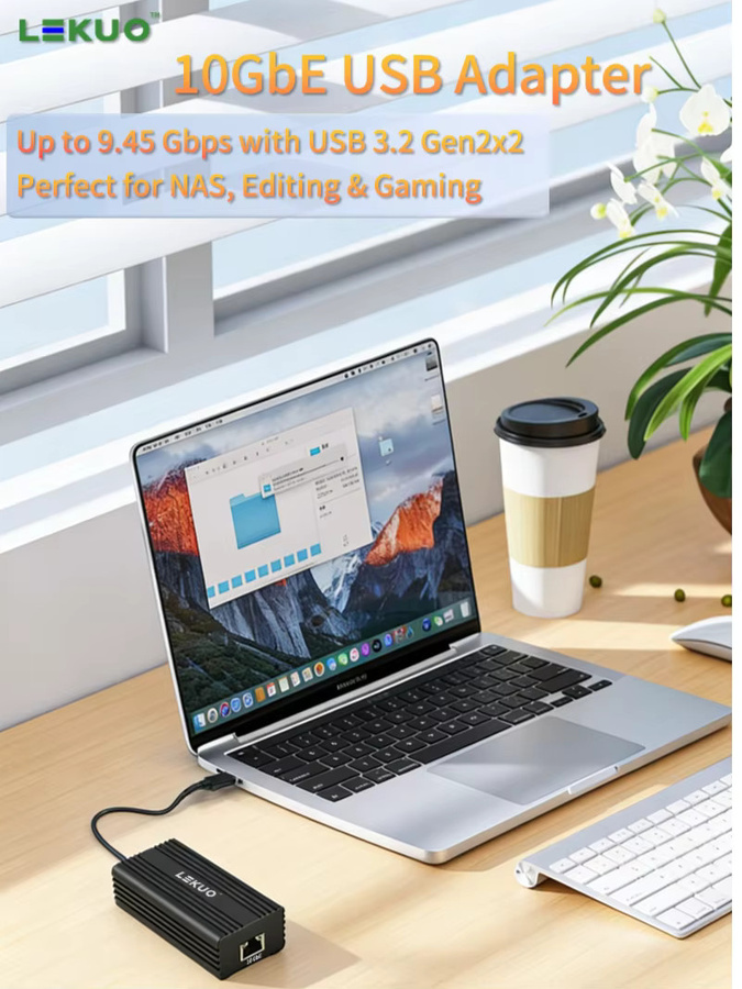 Lekuo USB-C zu 10GbE RJ45 Netzwerkadapter, USB 3.2 Gen2x2 Ethernet Dongle für MacBook und PC, Schwarz - Bild 4