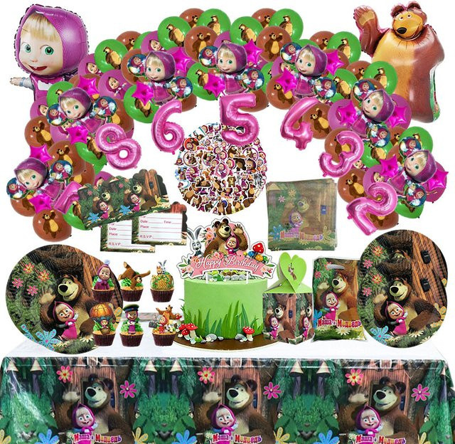 Potdemiel Mascha und der Bär Partyzubehör Set in Mehrfarbig mit Tortendekoration, Ballons, Tellern, Bechern, Servietten und Geschenktüten - Bild 1