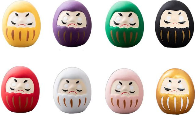 Set mit 8 japanischen Mini-Daruma Glücksbringern aus Keramik in Mehrfarbig, Zen-Ornament und Tischdekoration von Cerakorie - Bild 1