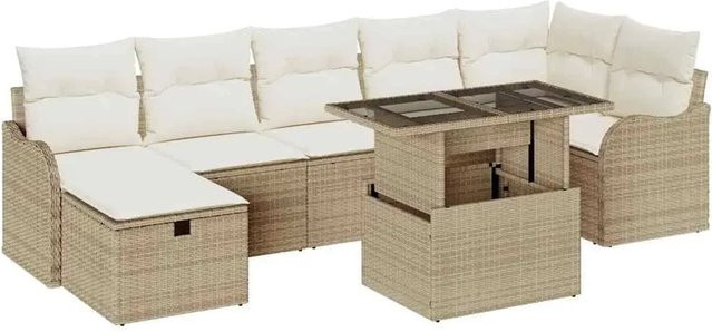 vidaXL Garten-Sofa-Set aus Poly Rattan in Beige, 8-teiliges L-Shape Lounge-Set mit Kissen und integriertem Stauraum - Bild 1