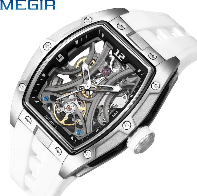 MEGIR Armbanduhr Automatik, Tonneau, Weiß, Silikon, Herren - Bild 1