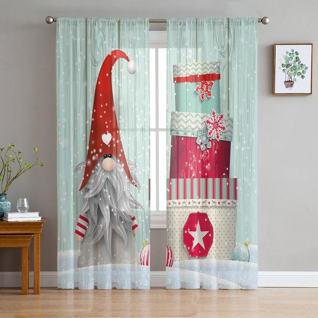 A Family Of Home Textiles Weihnachtsvorhänge mit Weihnachtsdesign in Weiß, transparente Chiffon Voile Vorhänge für dein Wohnzimmer, Breite: 135 cm, Höhe: 114 cm - Bild 1