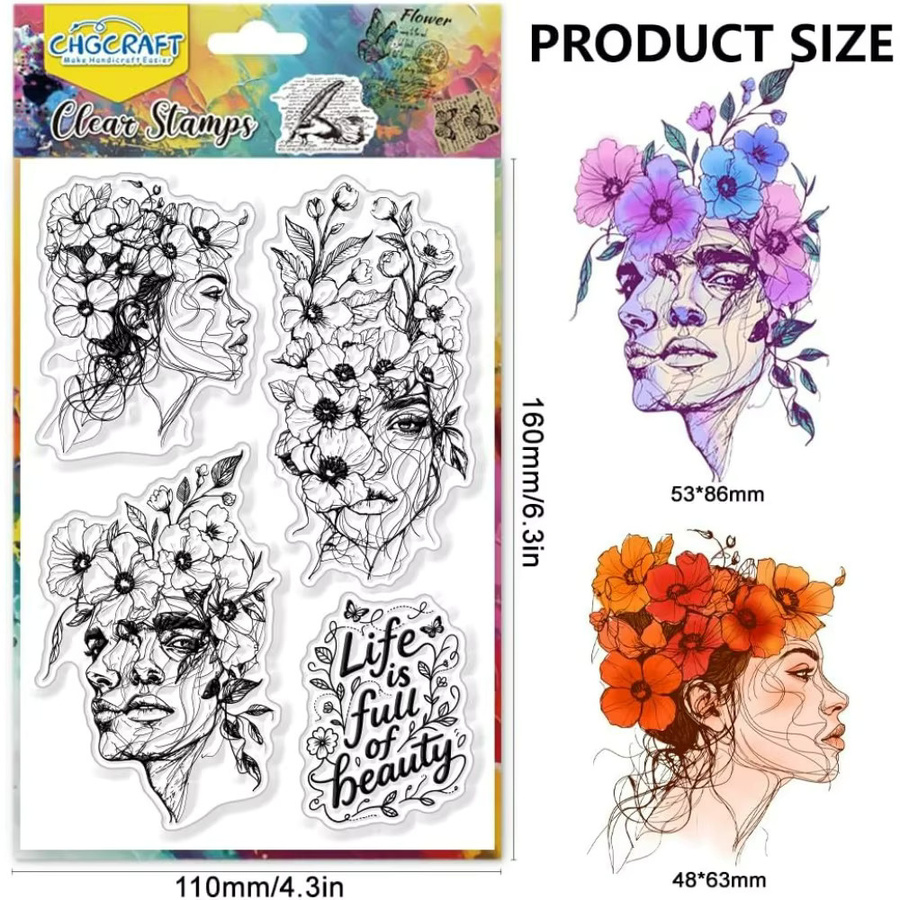Transparente Stempel mit Gesichtslinien-Muster, Blumen und abstrakten Linien für DIY-Scrapbooking und Karten aus Kunststoff - Bild 2