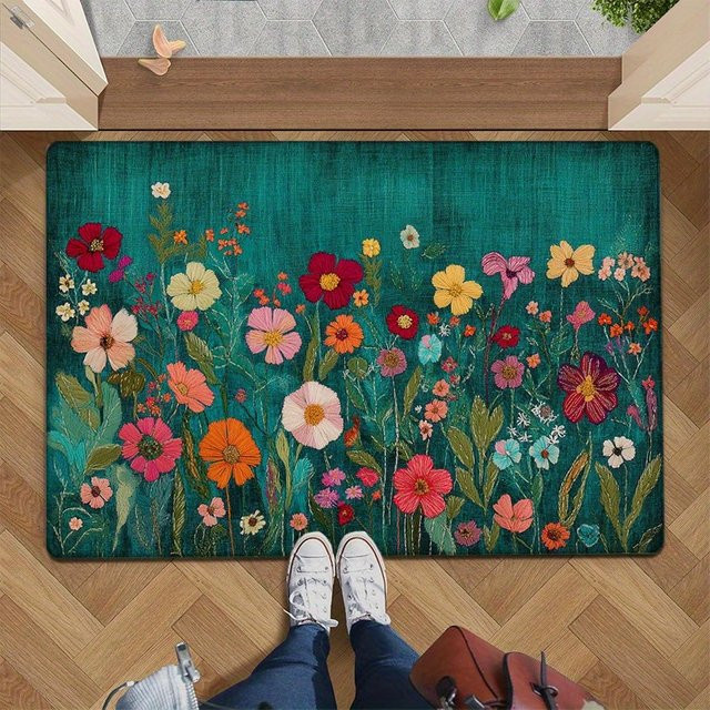 VIKAMA Grüner Teppich mit floralem Design, schmutzabweisende Fußmatte für Wohnzimmer, Schlafzimmer oder Badezimmer - Bild 1