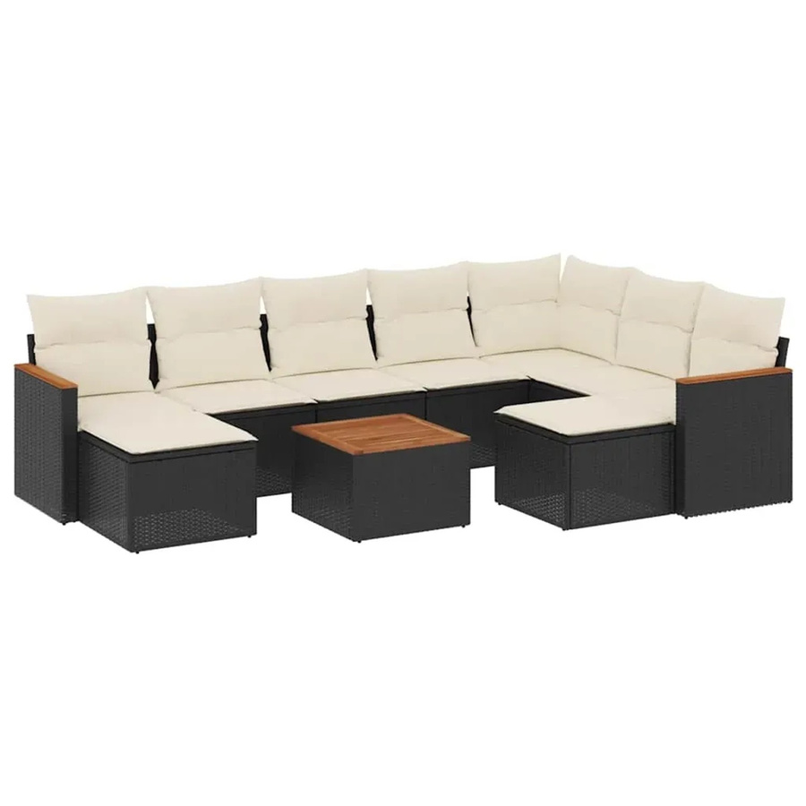 vidaXL 10-tlg. Garten-Sofagarnitur in L-Form aus Polyrattan und Akazienholz mit Kissen in Schwarz - Bild 2