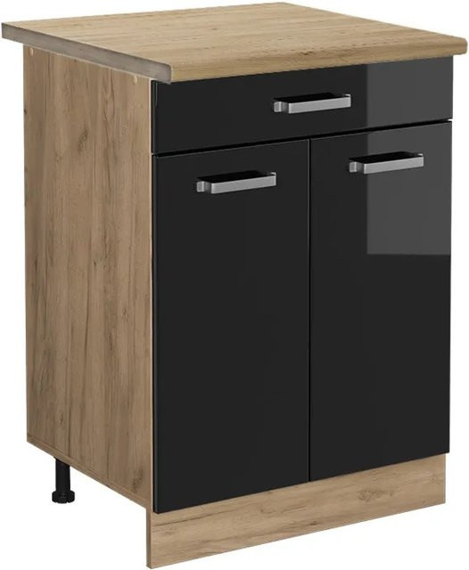 Vicco Küchenunterschrank R-Line Schwarz Hochglanz und Goldkraft Eiche mit Schubladen und Türen, B/T/H: 60 x 60 x 81,6 cm - Bild 1