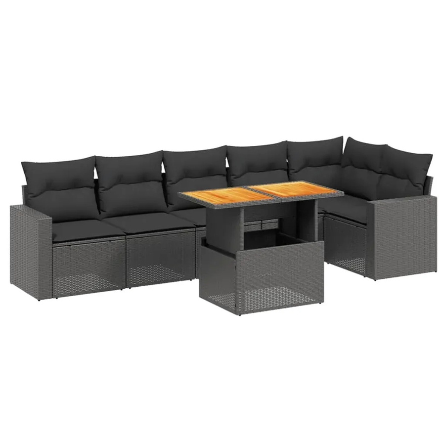 vidaXL 7-teilige Garten-Sofagarnitur in L-Form aus Poly-Rattan und Akazienholz mit Kissen in Schwarz - Bild 2