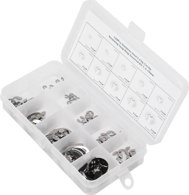 120 Stück E-Clip Sortimentssatz aus Edelstahl als externer Sicherungsring und Circlip, silber, 1,5 mm - 10 mm - Bild 1