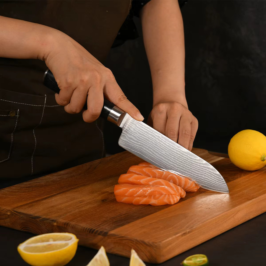 Katisun Santoku-Messer aus Damast und Hochkohlenstoffstahl mit Micarta-Griff, 17,78 cm, Silber - Bild 5
