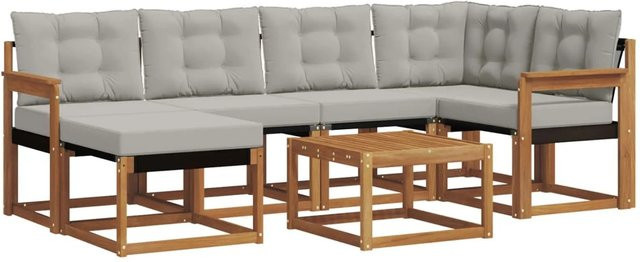 vidaXL Outdoor-Sofagarnitur 7-teilig L-Form aus Akazienholz und Textilene in Natur und Grau mit Kissen - Bild 1