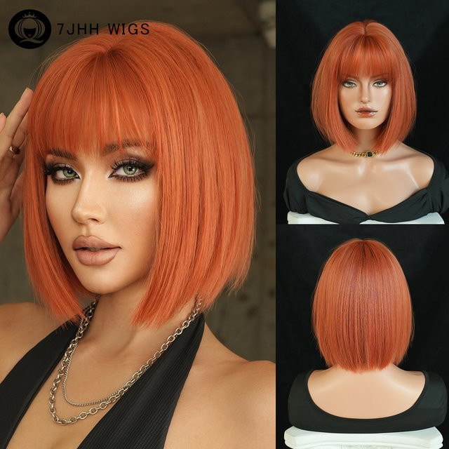 7JHH WIGS Perücke, kurz, glatt, orange, Bob-Perücke mit Pony, Damen - Bild 1