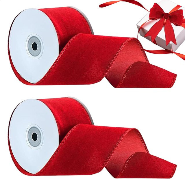 2-Rollen-Set doppelseitiges rotes Samtband mit Draht für Weihnachtsdeko und Bastelbedarf - Bild 1