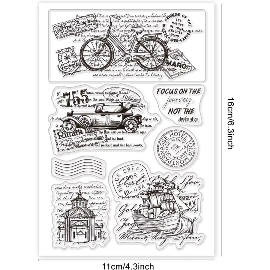 Transparenter Silikonstempel mit Retro-Motiven aus Fahrzeugen, Fahrrädern und Architektur für Vintage-Prägeeffekte - Bild 2