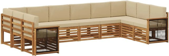 vidaXL Ecksofa Set aus massivem Akazienholz und wetterfestem Polyester in Natur-Beige - Bild 1