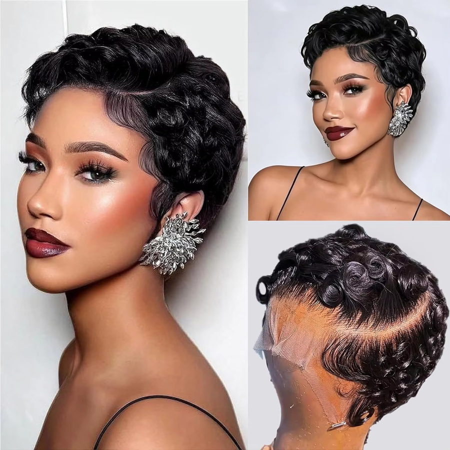UVEOUS Pixie Cut Lockige Lace Wig, Kurze Bob-Perücke, Brasilianisches Echthaar, Schwarz - Bild 6