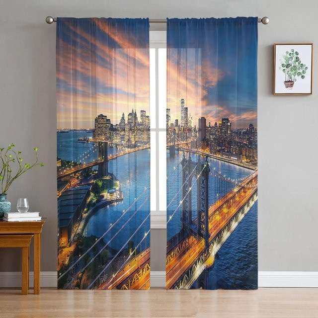 Yiran Furniture Tüllvorhang Stadt Nacht Lichter in Blau, Transparent, B: 135 cm, H: 115 cm - Bild 1