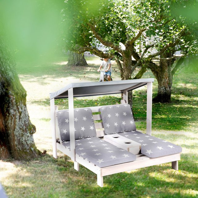 Roba Outdoor Kinder-Doppelliege Little Stars aus FSC-zertifiziertem Holz in Grau mit Sonnendach und Getränkehaltern - Bild 3