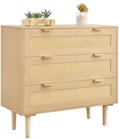 VEVOR Rattankommode mit 3 Schubladen in Beige und Braun, moderner Aufbewahrungsschrank aus Rattan und MDF mit Metallgriffen und Holzbeinen, B/T/H: 80 x 35 x 77 cm - Bild 1